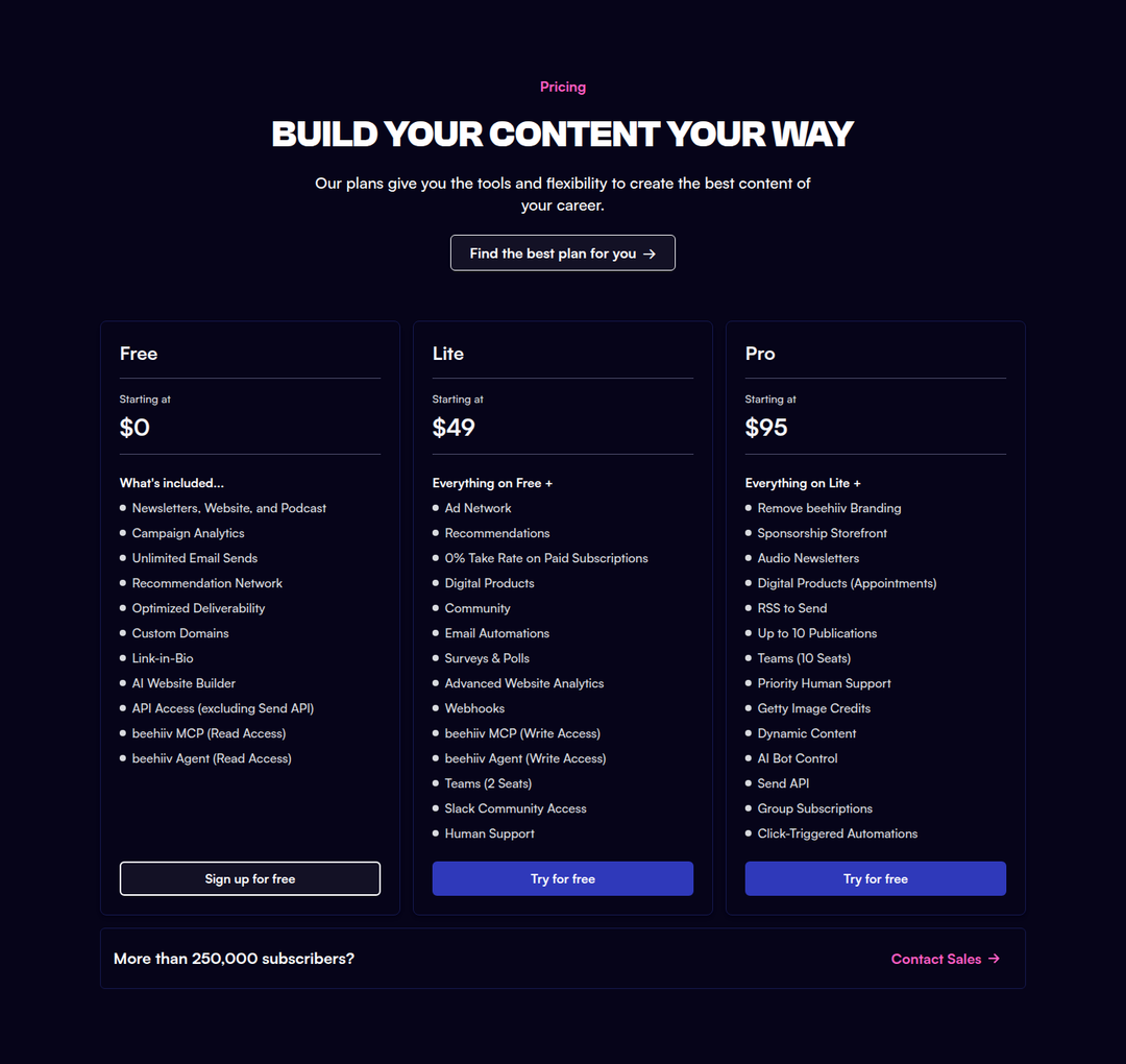 Build Your Content Your Way section from beehiiv