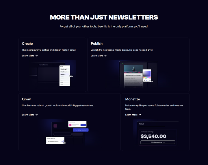 More Than Just Newsletters section from beehiiv