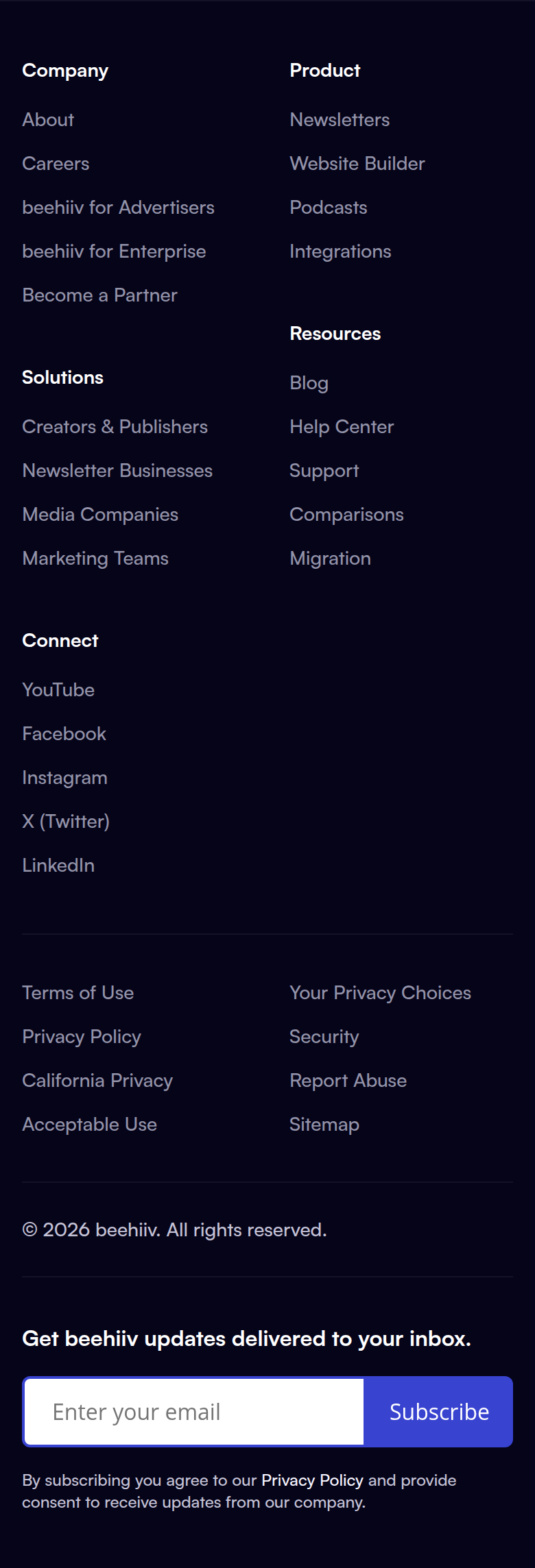 Footer section from beehiiv, on a phone