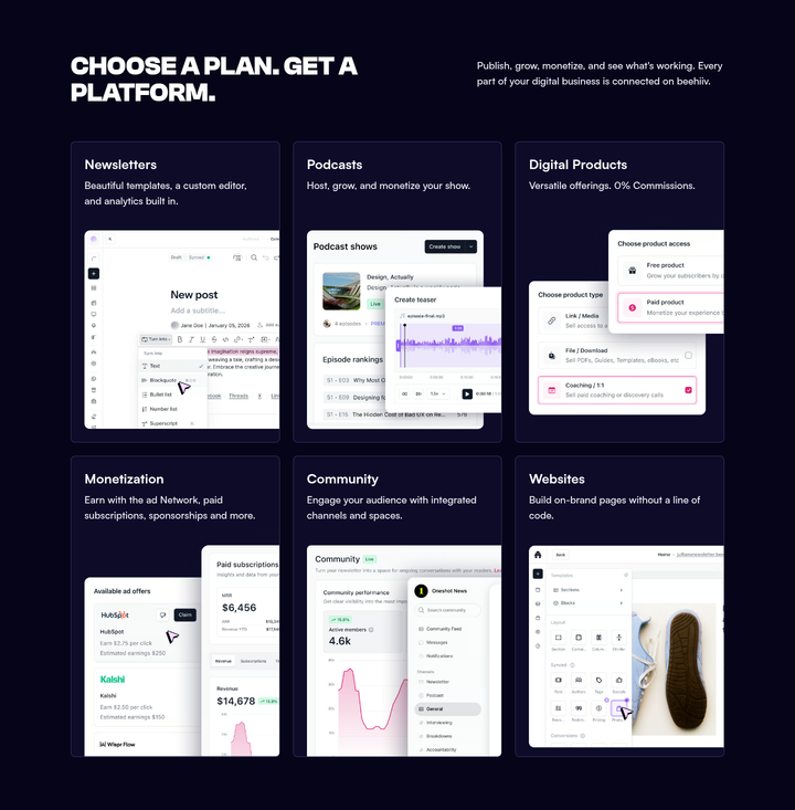 Choose a Plan. Get a Platform. section from beehiiv