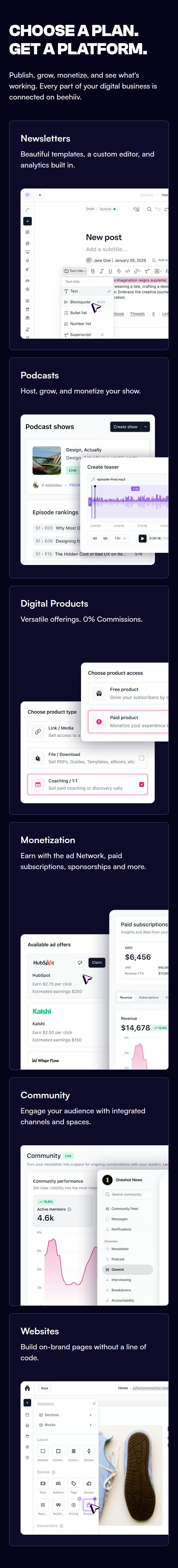 Choose a Plan. Get a Platform. section from beehiiv, on a phone