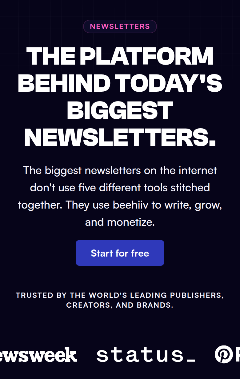 The Platform Behind Today's Biggest Newsletters section from beehiiv, on a phone