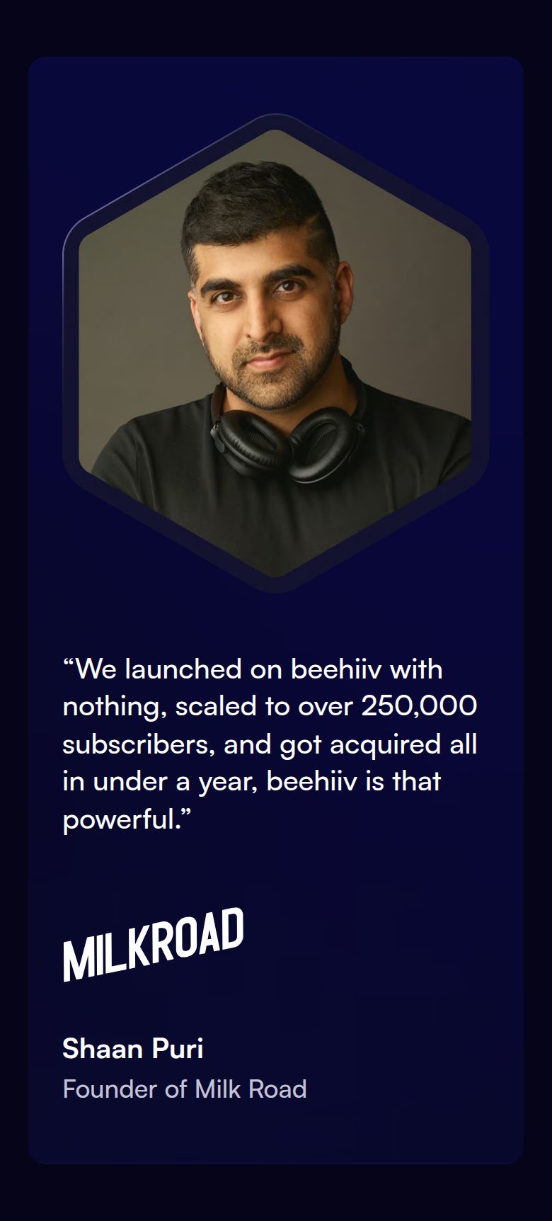 Customer Quote section from beehiiv, on a phone