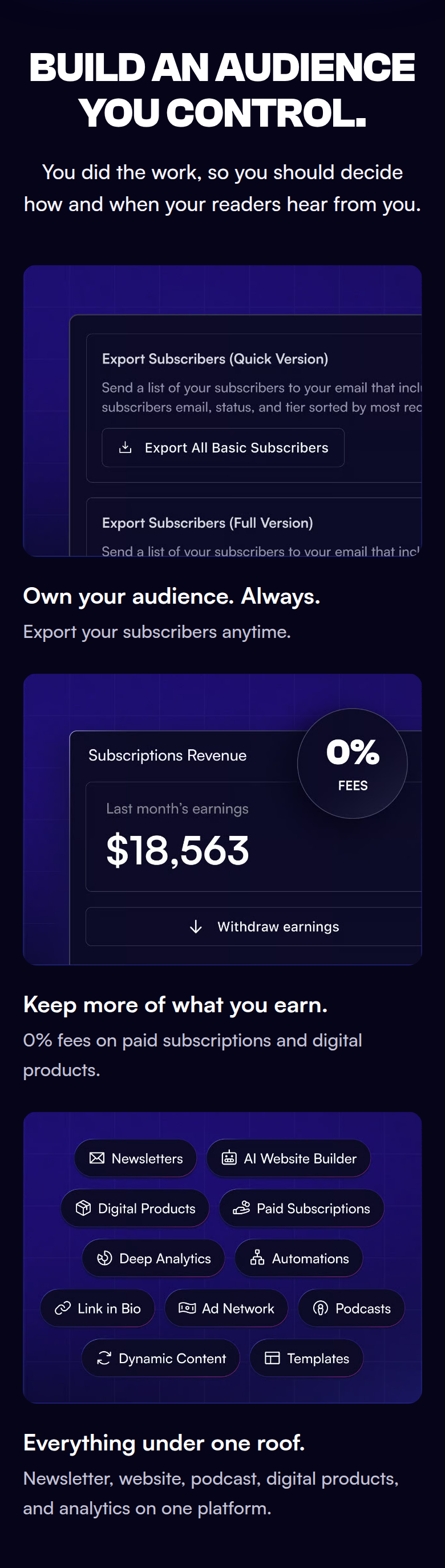 Build an Audience You Control section from beehiiv, on a phone