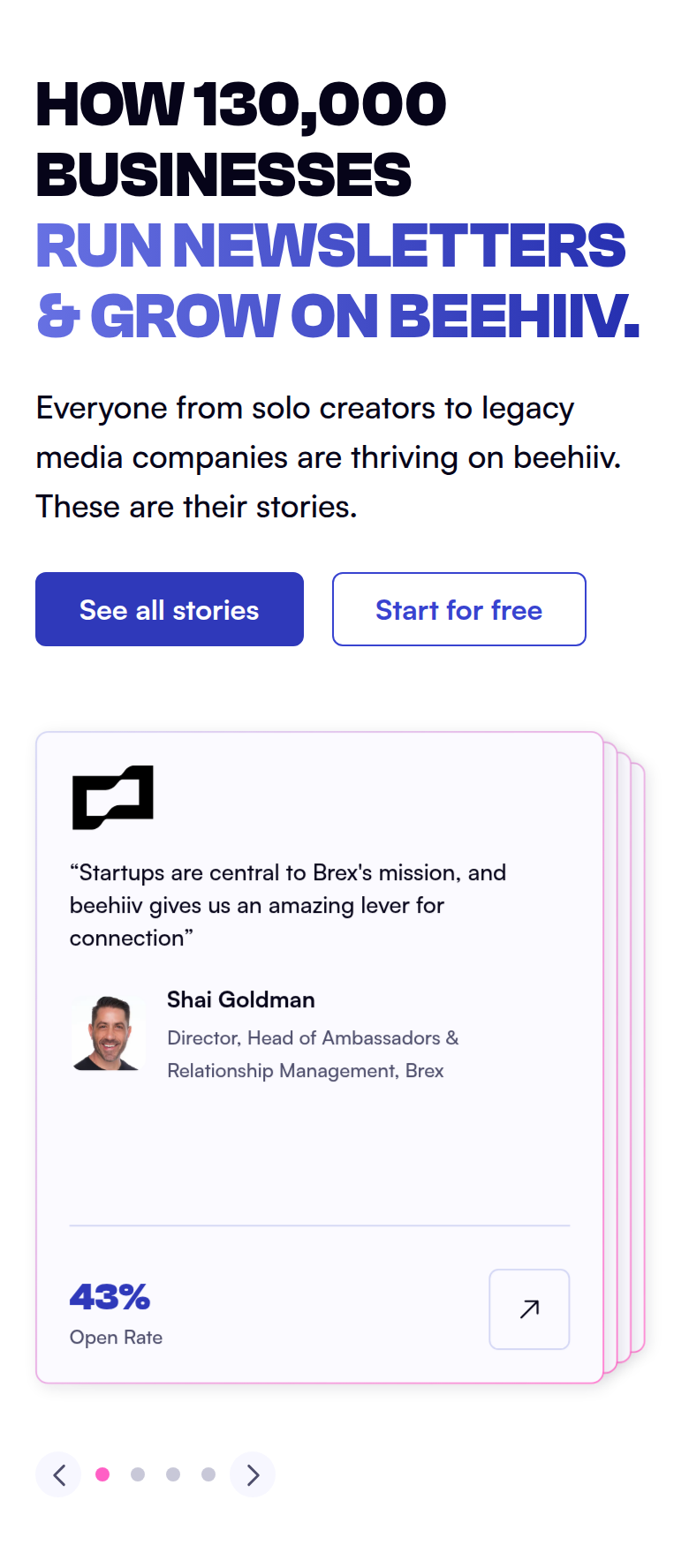 How Businesses Run Newsletters and Grow on beehiiv section from beehiiv, on a phone