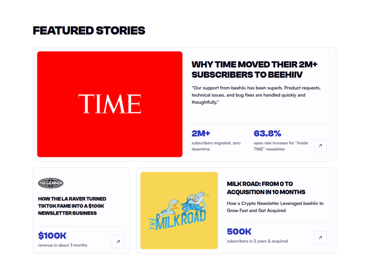 Featured Stories section from beehiiv