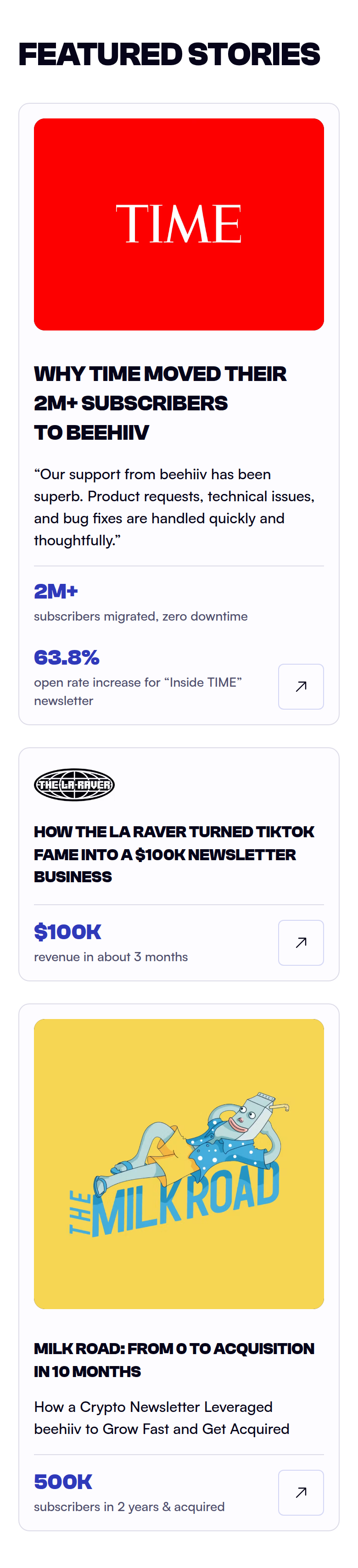 Featured Stories section from beehiiv, on a phone