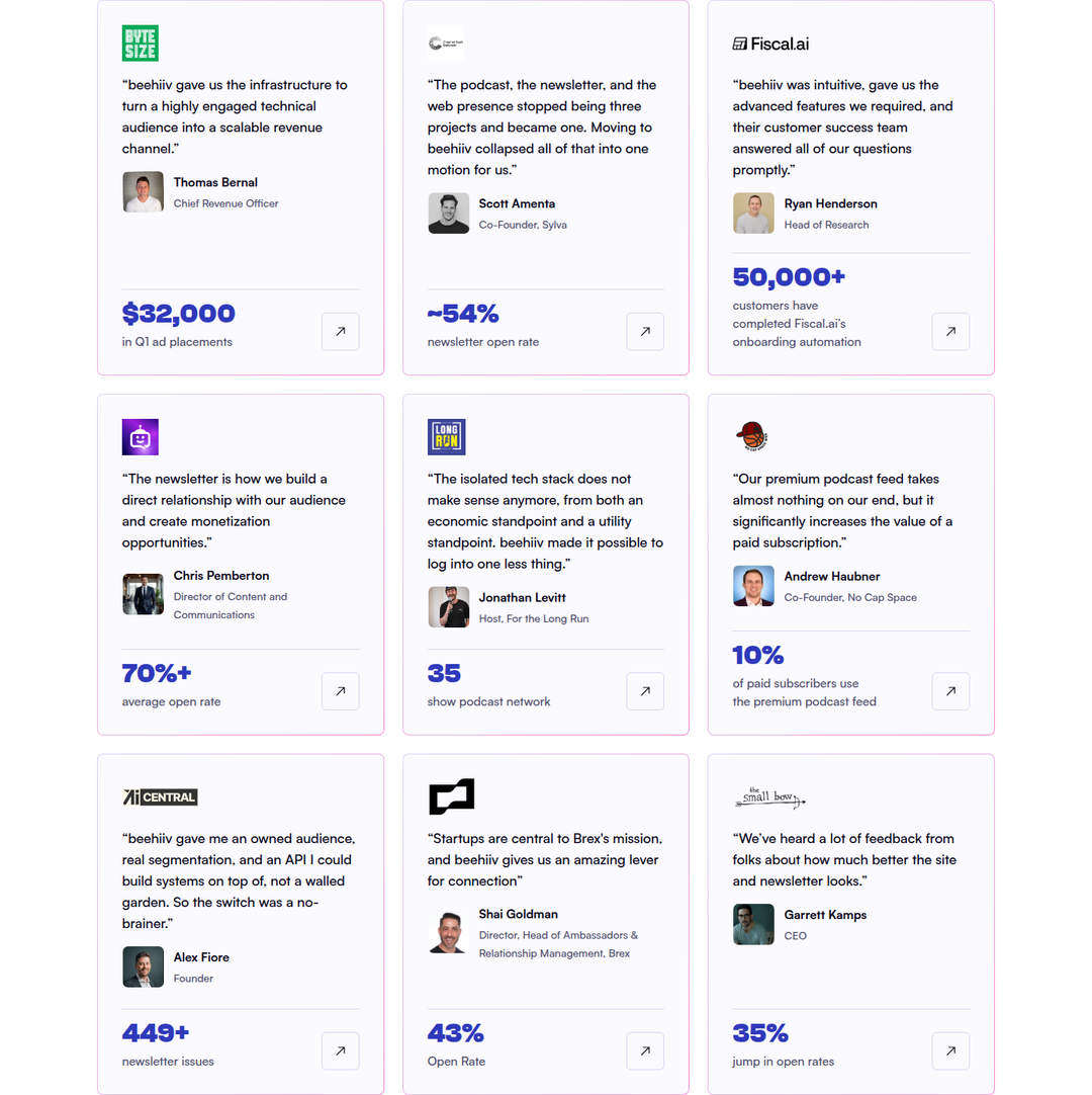 Customer Story Grid section from beehiiv