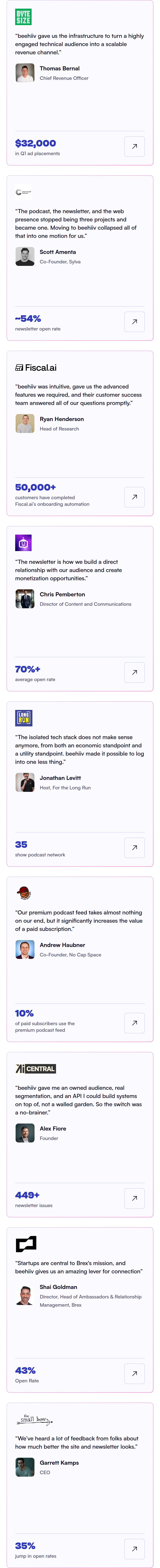 Customer Story Grid section from beehiiv, on a phone