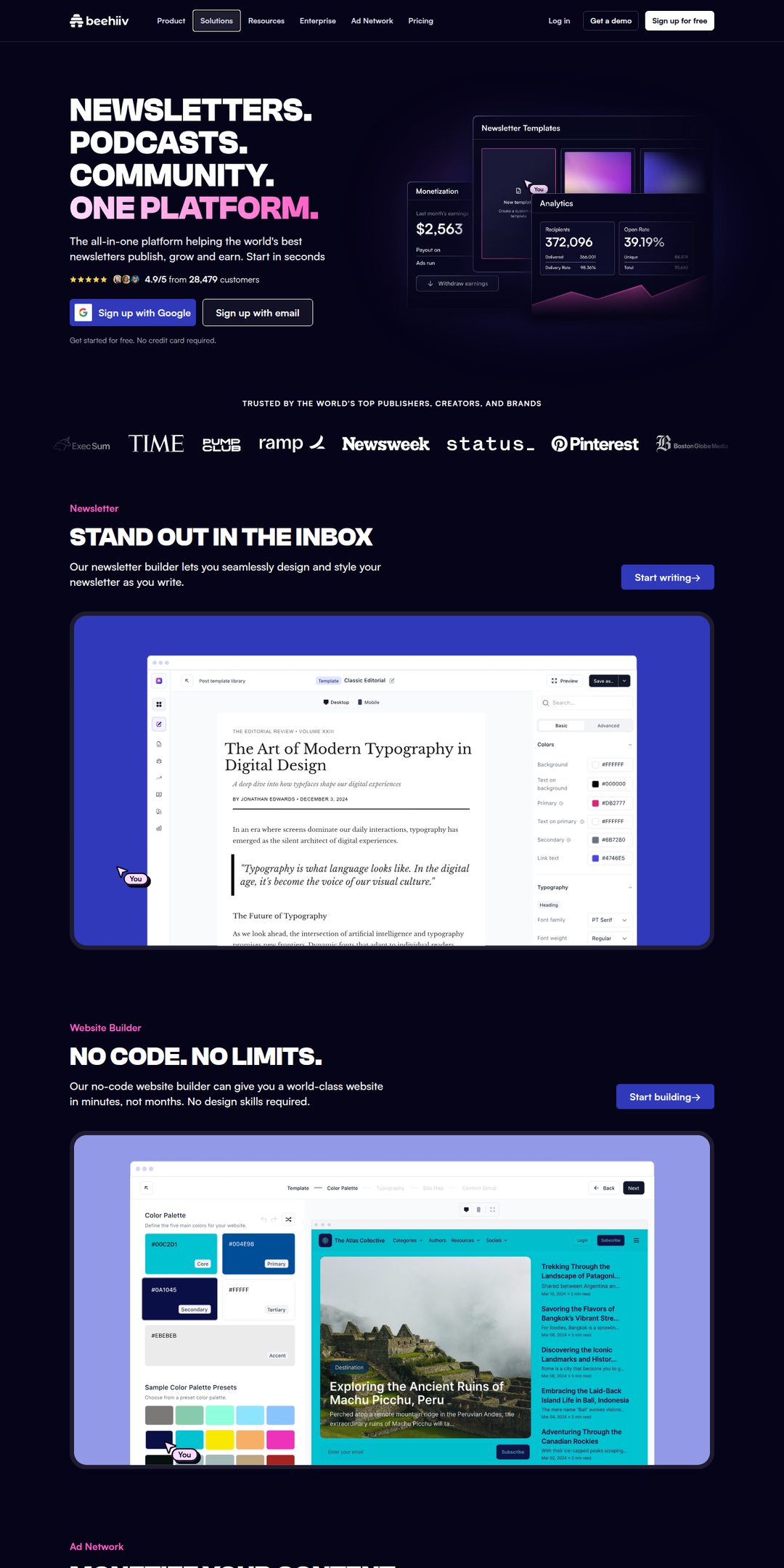 Home page of the beehiiv website