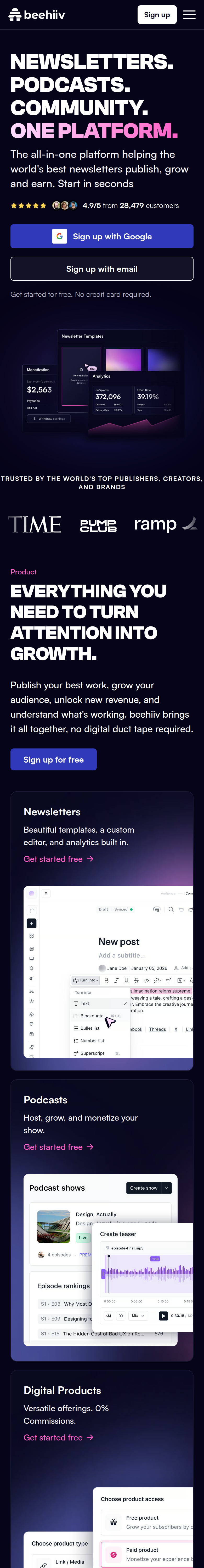 Home page of the beehiiv website, on a phone