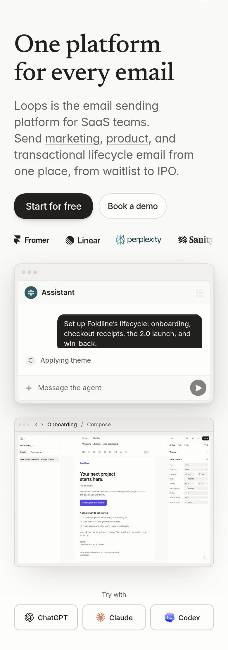 One Platform for Every Email section from Loops, on a phone