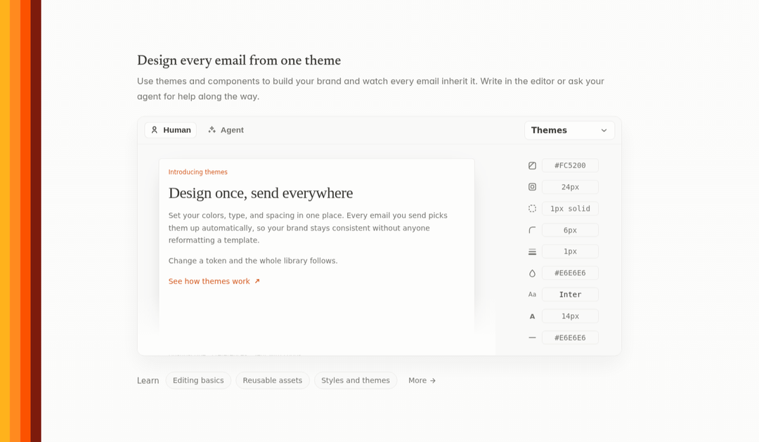 Design Every Email From One Theme section from Loops