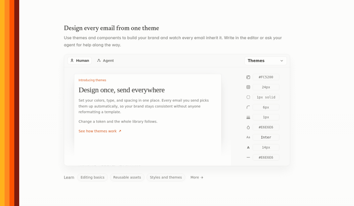 Design Every Email From One Theme section from Loops