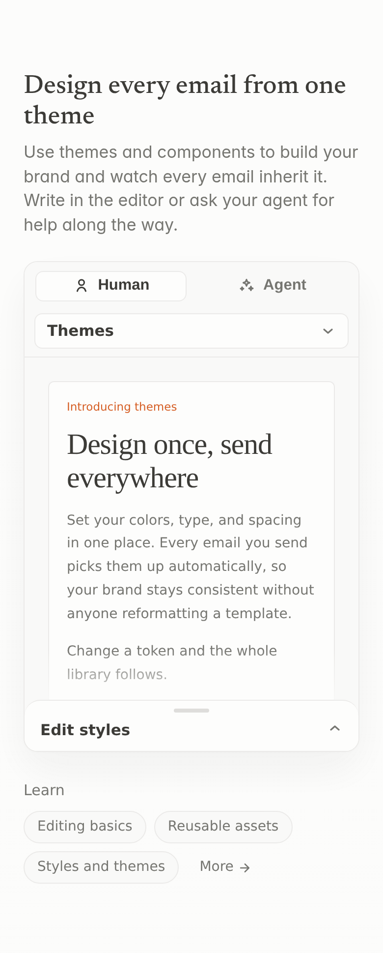 Design Every Email From One Theme section from Loops, on a phone