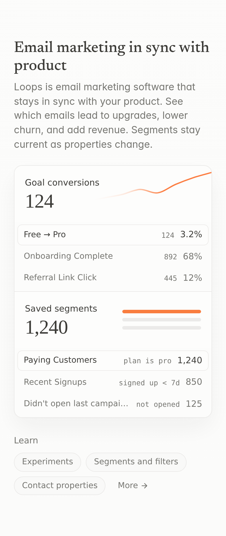 Email Marketing in Sync With Product section from Loops, on a phone