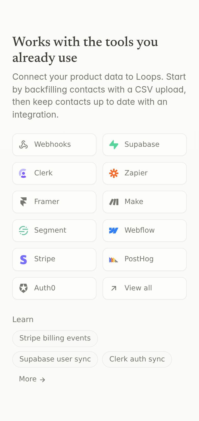 Works With the Tools You Already Use section from Loops, on a phone