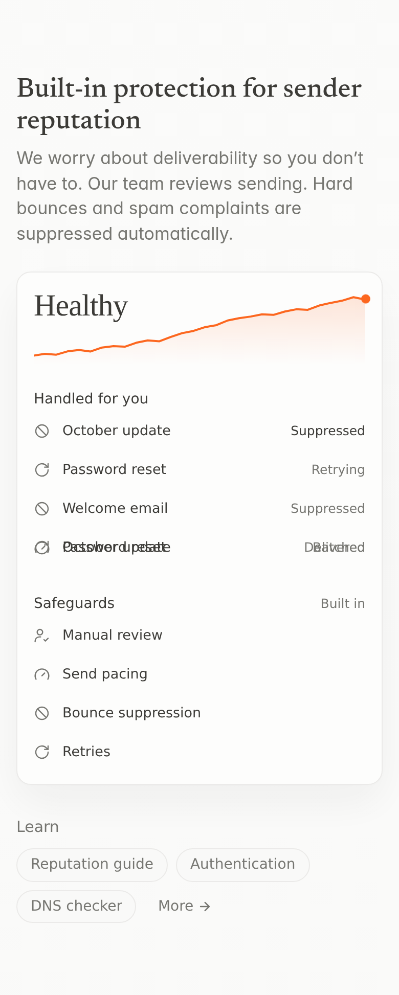 Built-in Protection for Sender Reputation section from Loops, on a phone