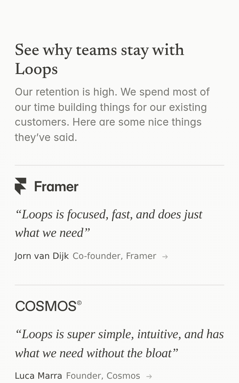 See Why Teams Stay With Loops section from Loops, on a phone