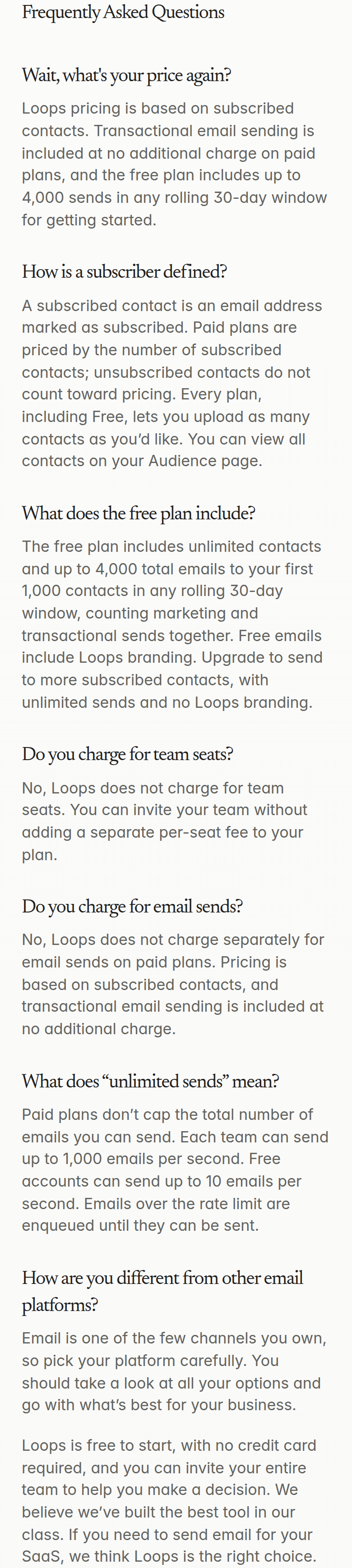Frequently Asked Questions section from Loops, on a phone