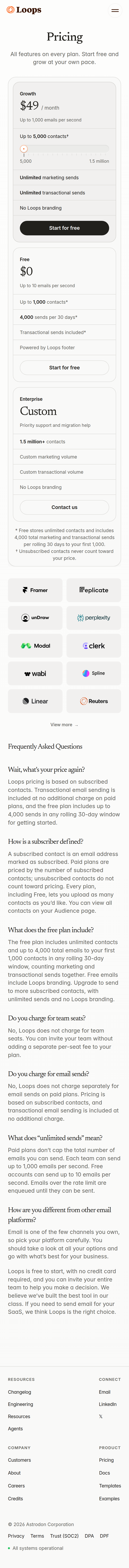 Pricing page of Loops, on a phone