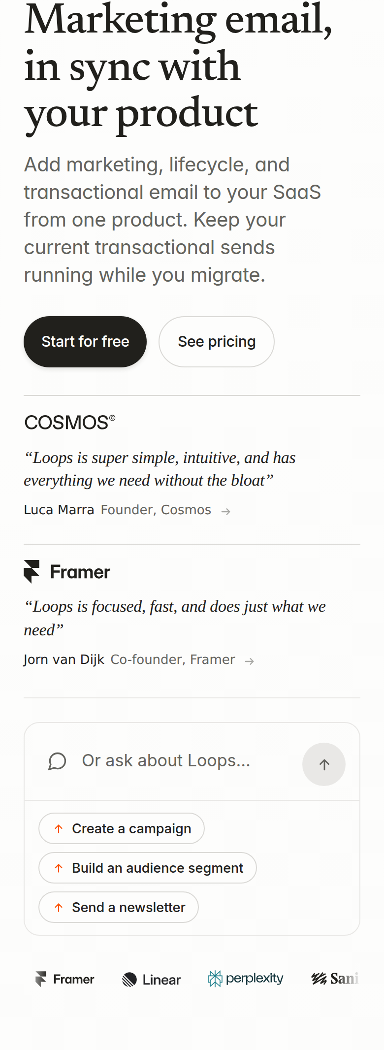 Marketing Email, in Sync with Your Product section from Loops, on a phone