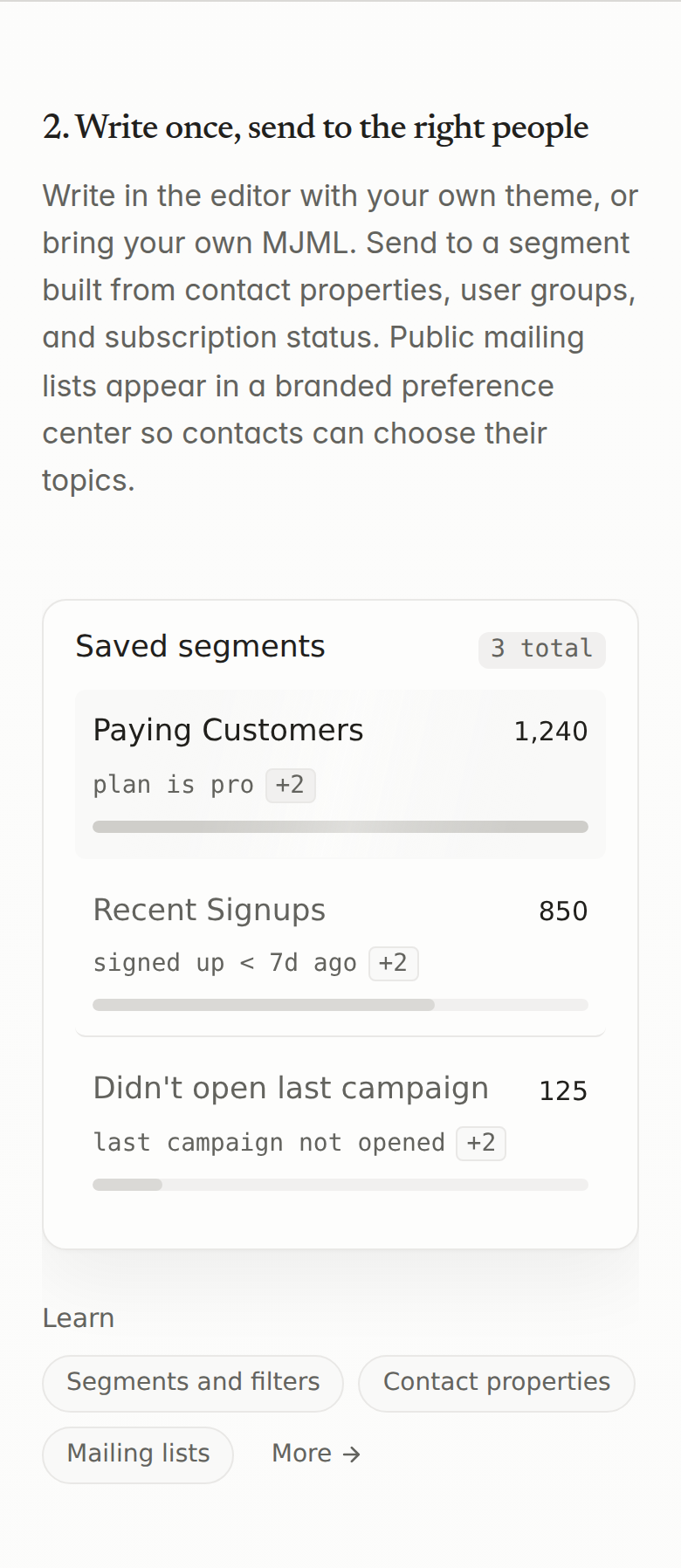 Write Once, Send to the Right People section from Loops, on a phone