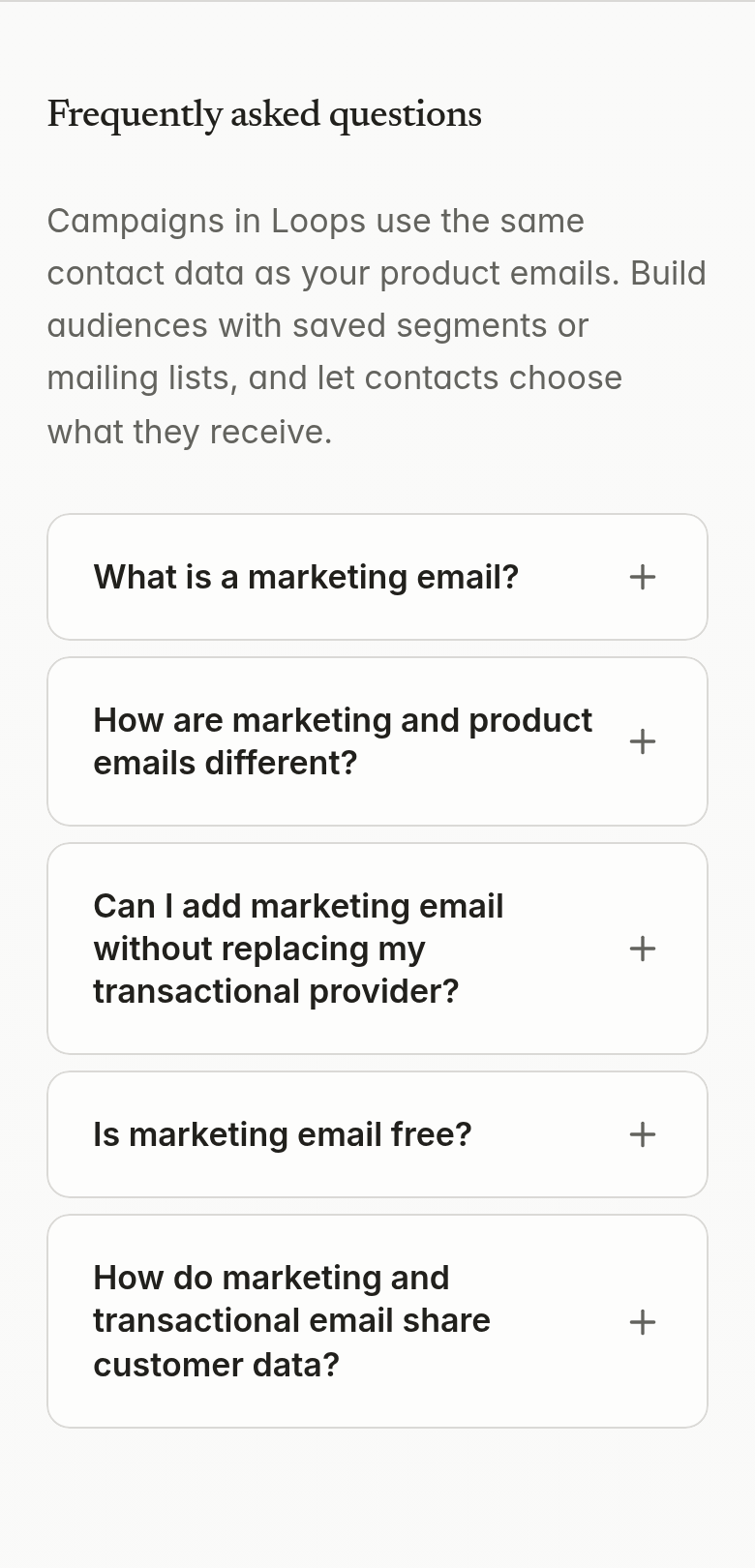 Frequently Asked Questions section from Loops, on a phone