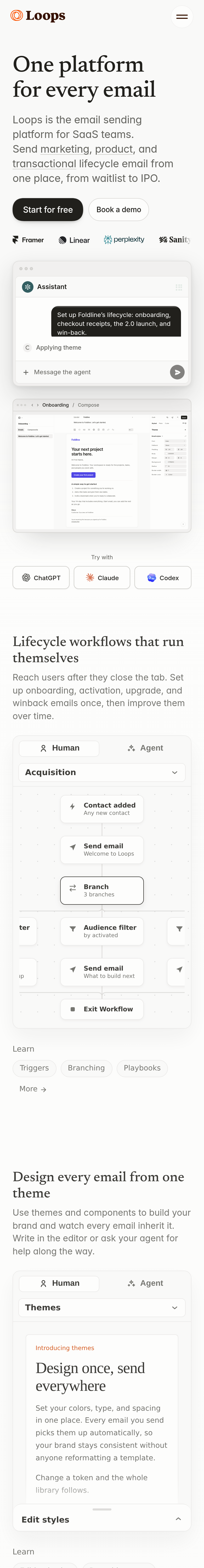 Home page of the Loops website, on a phone