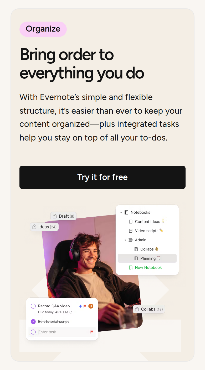 Bring Order to Everything You Do section from Evernote, on a phone
