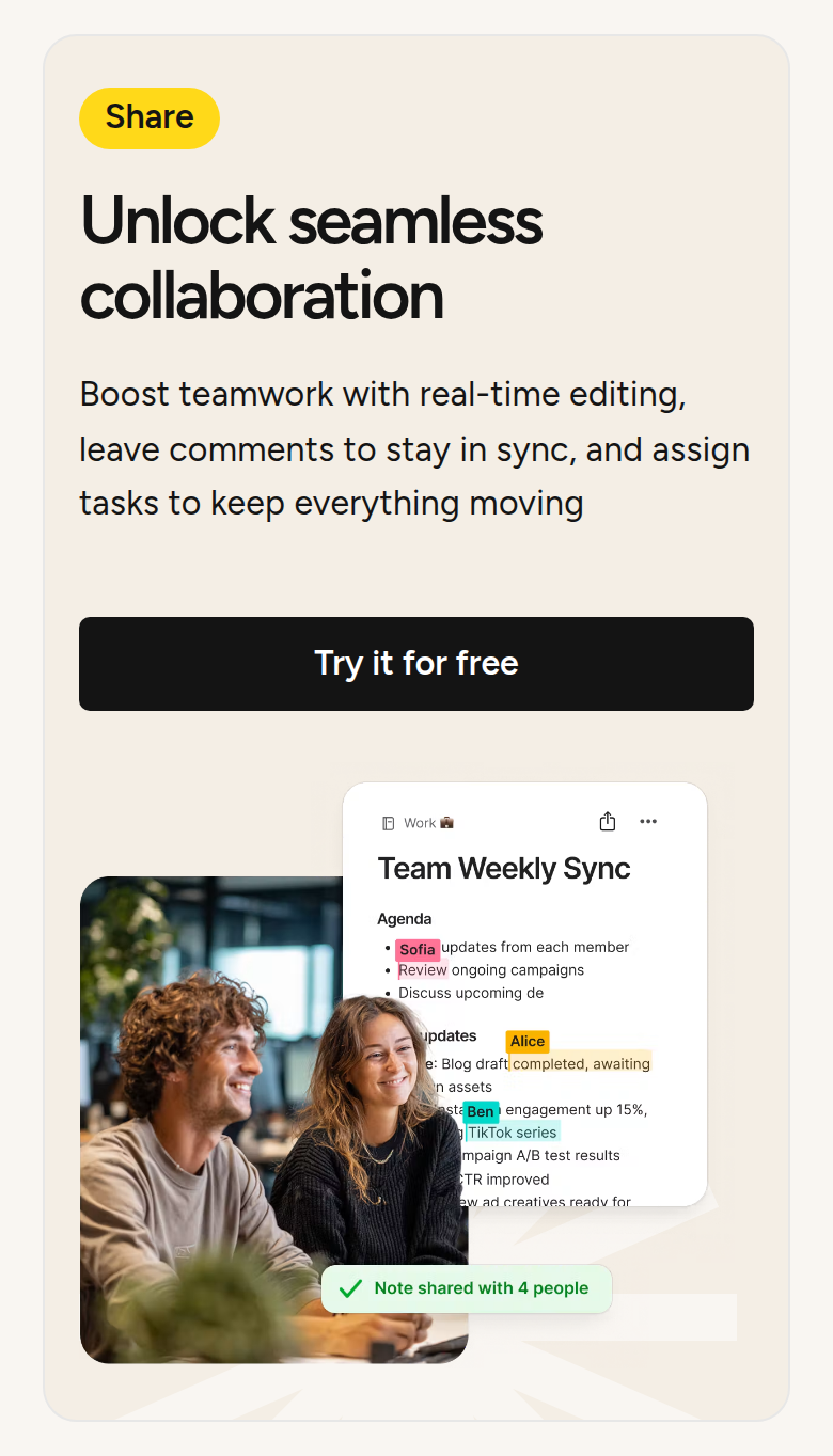 Unlock Seamless Collaboration section from Evernote, on a phone