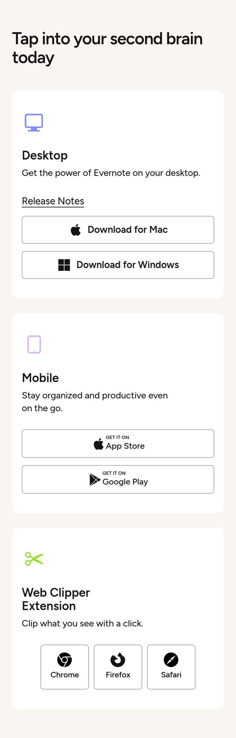 Tap Into Your Second Brain Today section from Evernote, on a phone