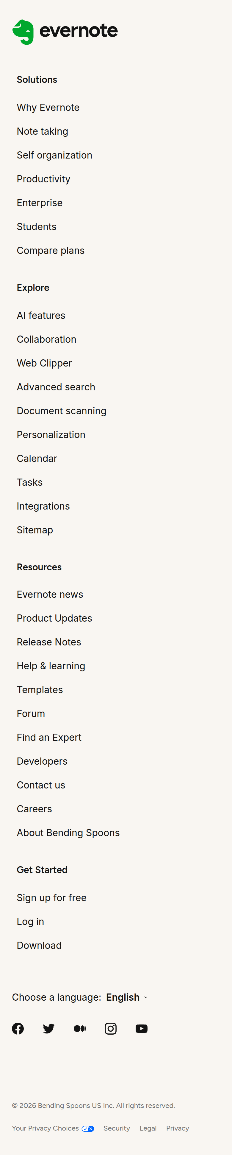 Footer section from Evernote, on a phone