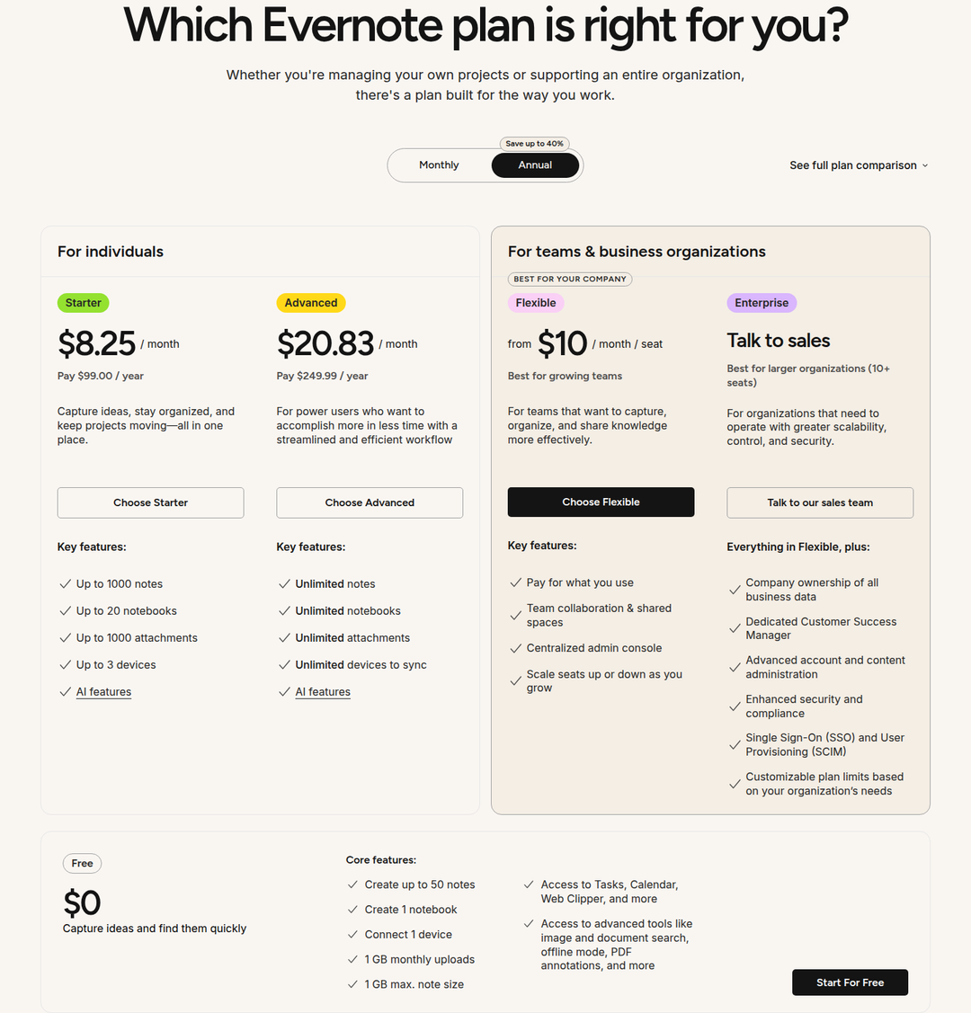 Which Evernote Plan Is Right for You? section from Evernote