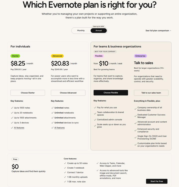 Which Evernote Plan Is Right for You? section from Evernote