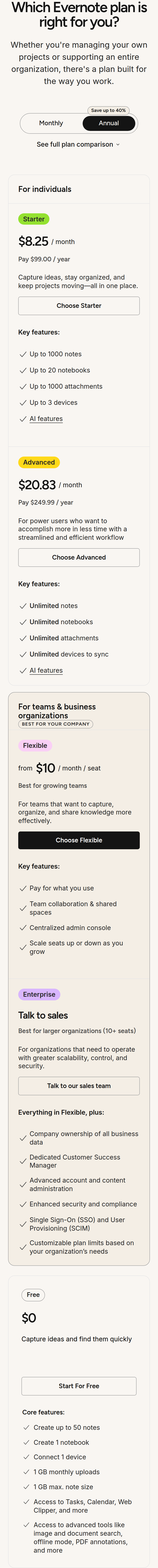 Which Evernote Plan Is Right for You? section from Evernote, on a phone