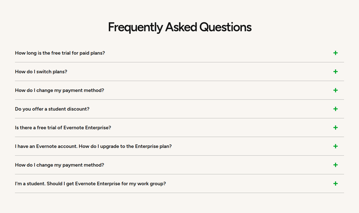 Frequently Asked Questions section from Evernote