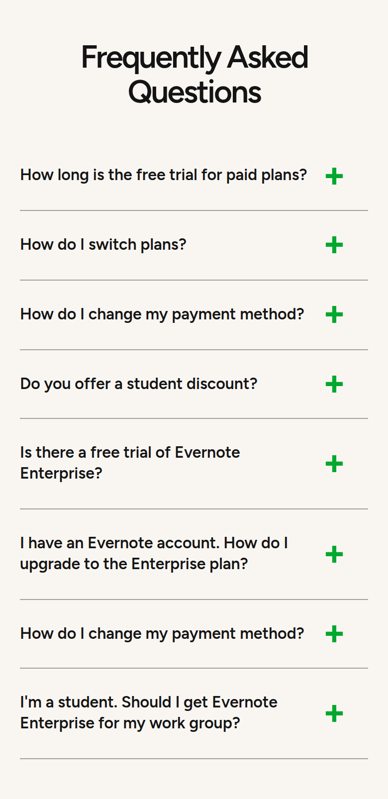 Frequently Asked Questions section from Evernote, on a phone