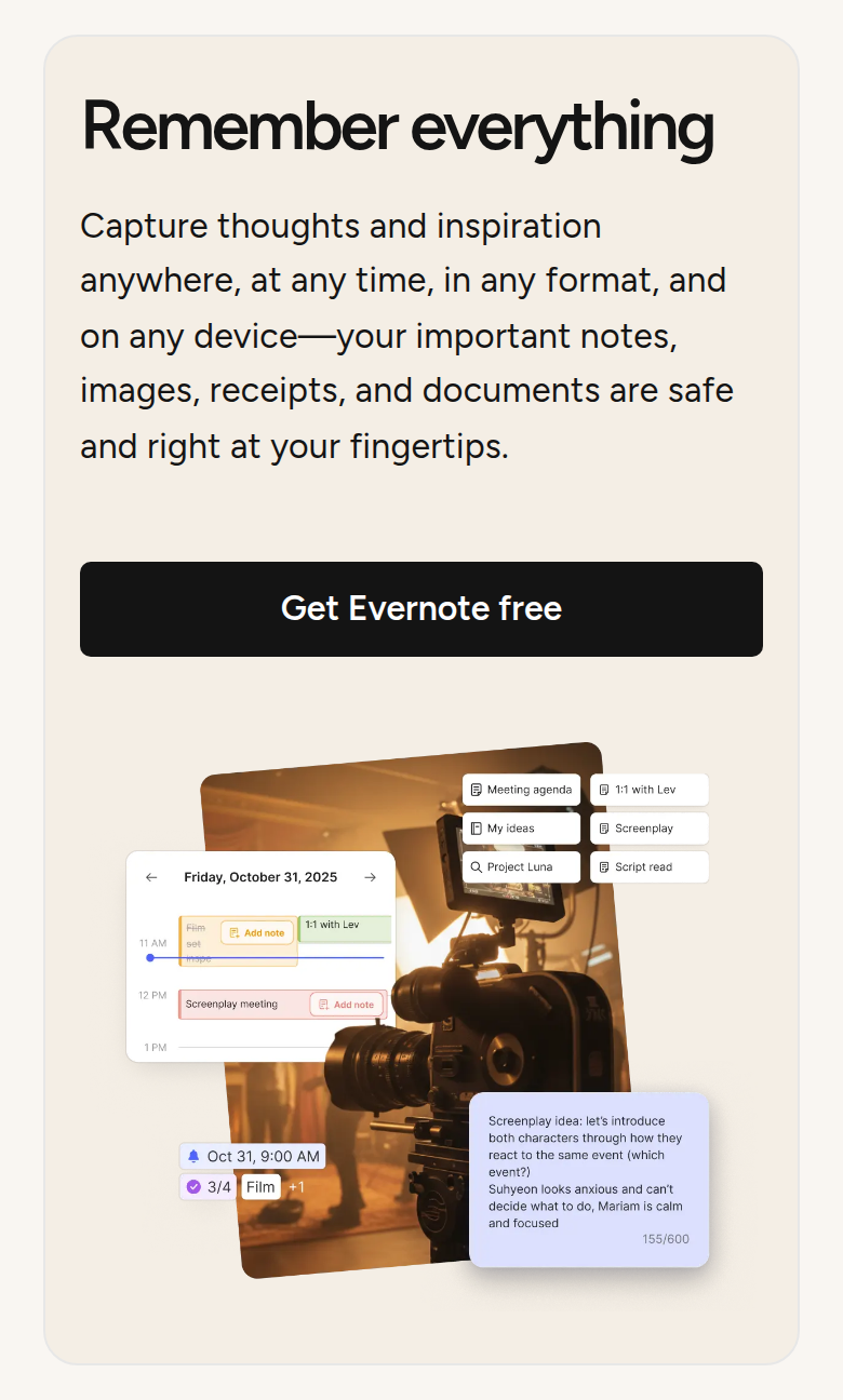 Remember Everything section from Evernote, on a phone