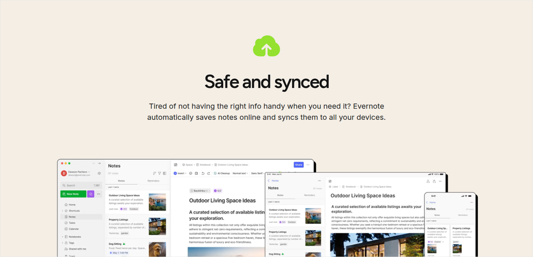 Safe and Synced section from Evernote