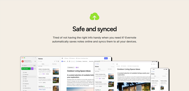 Safe and Synced section from Evernote