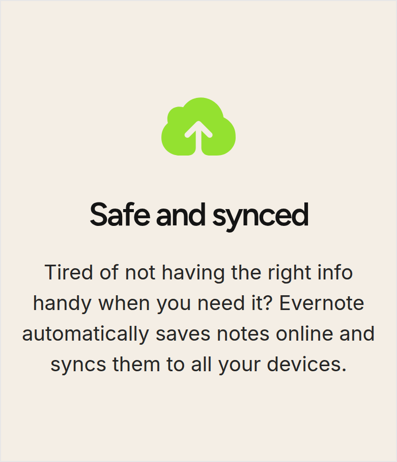 Safe and Synced section from Evernote, on a phone