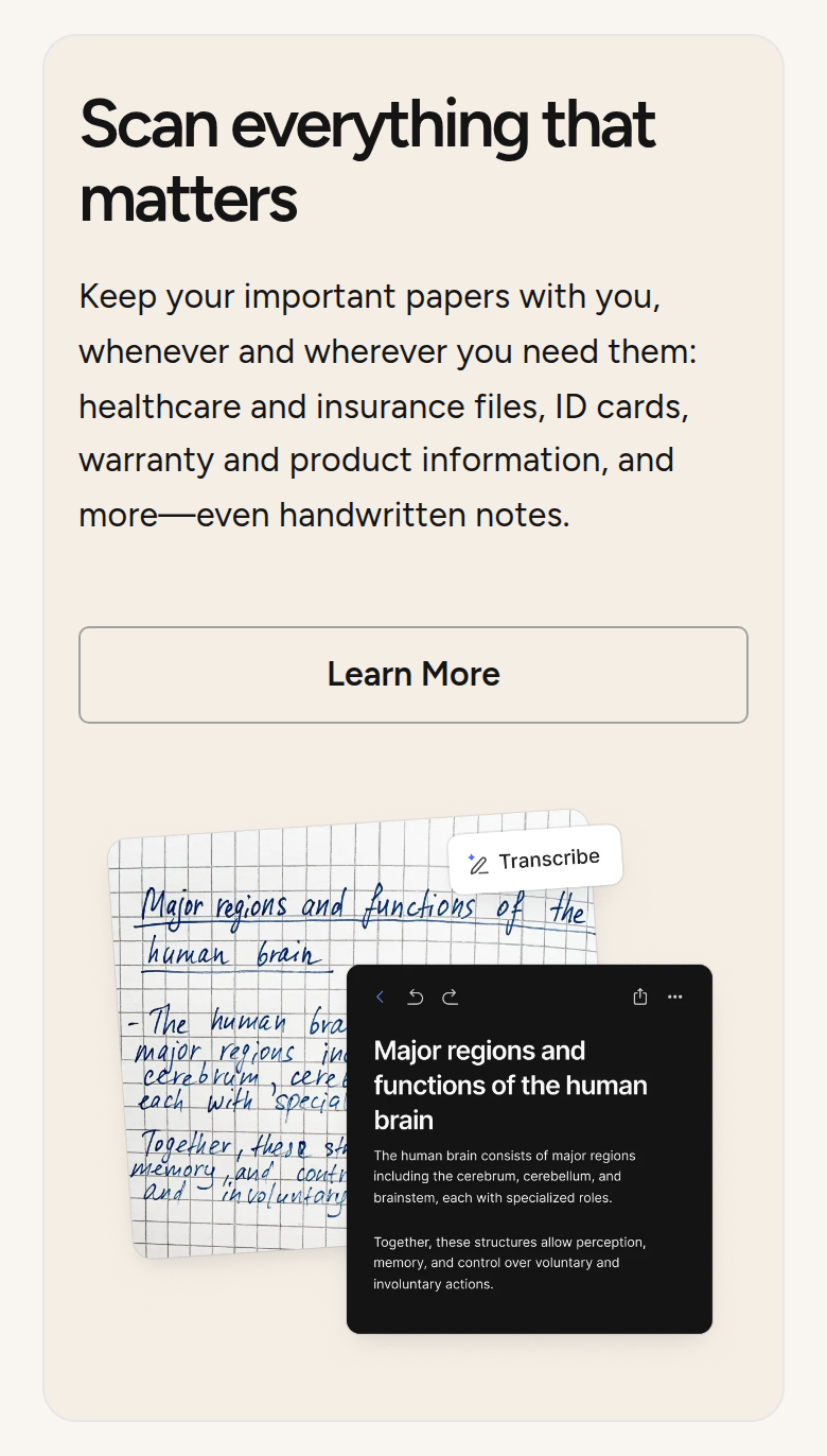 Scan Everything That Matters section from Evernote, on a phone