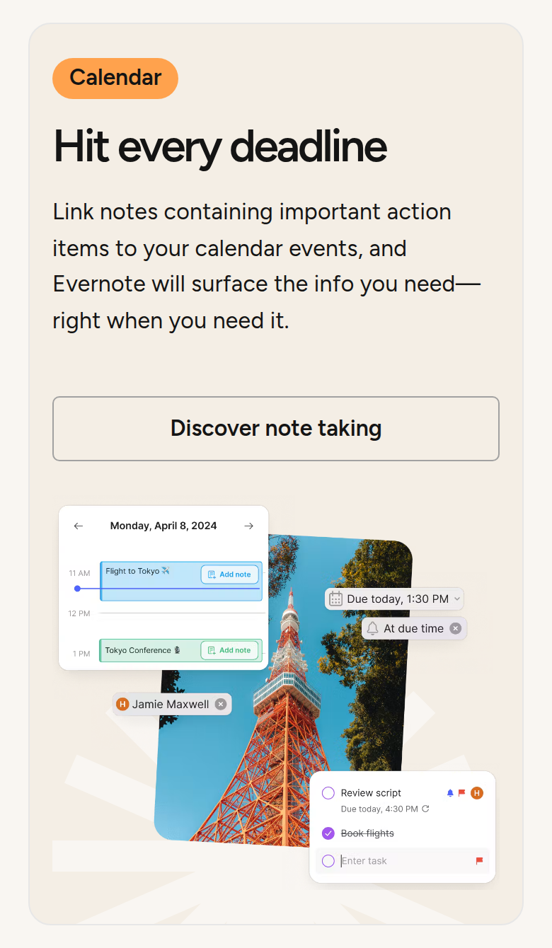 Hit Every Deadline section from Evernote, on a phone