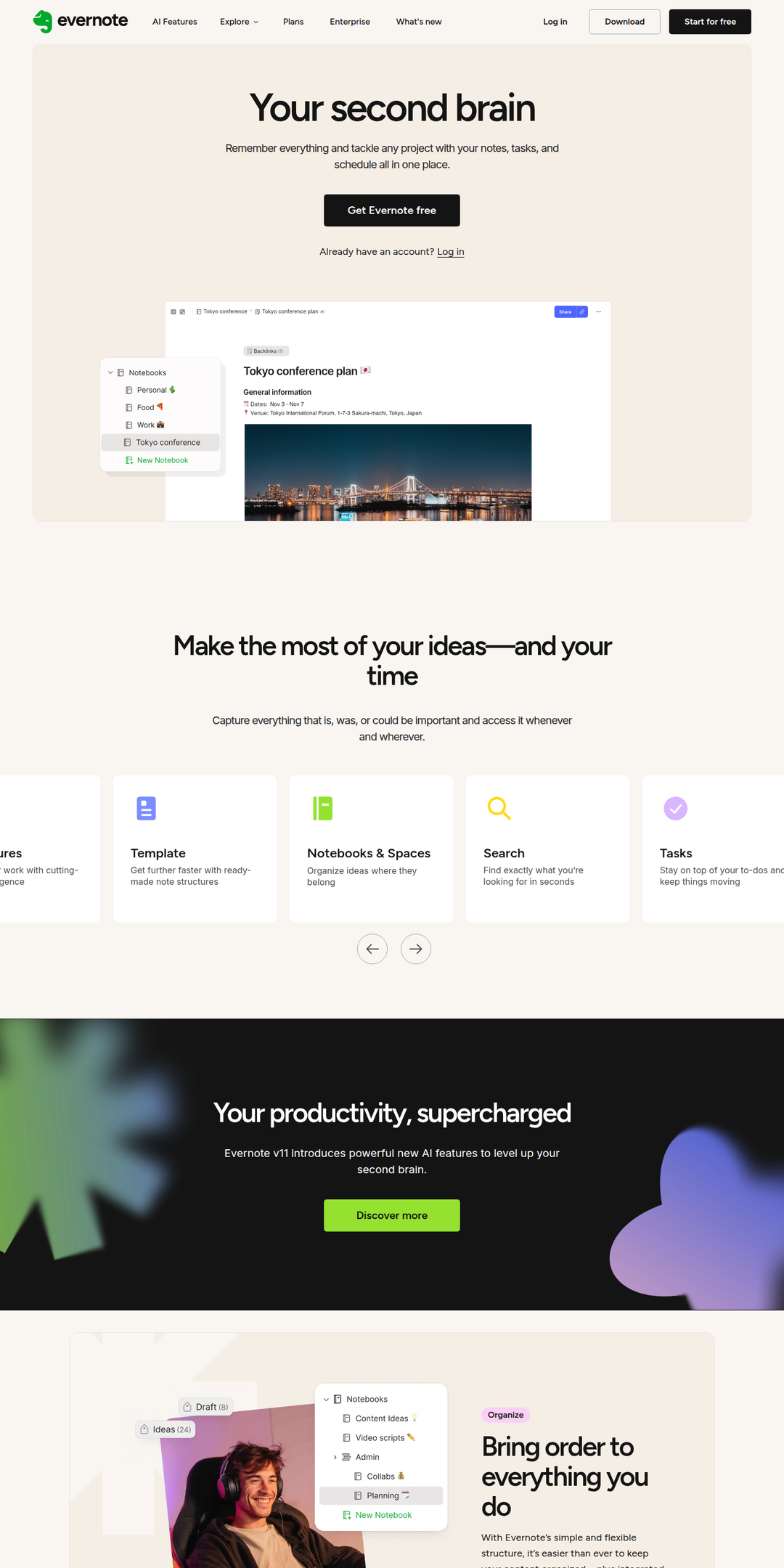 Home page of the Evernote website