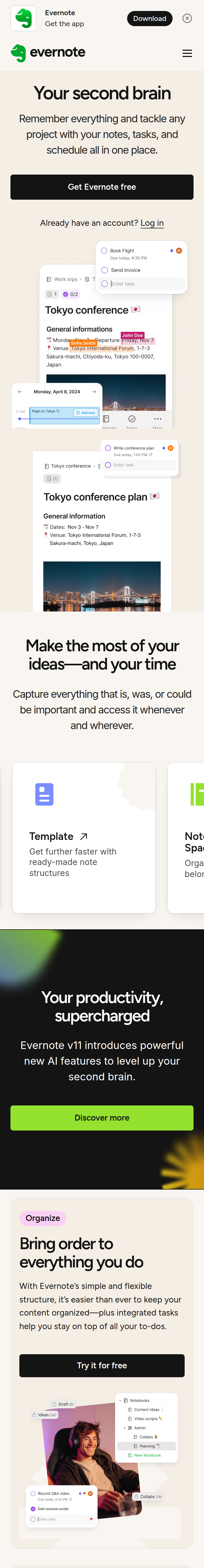 Home page of the Evernote website, on a phone