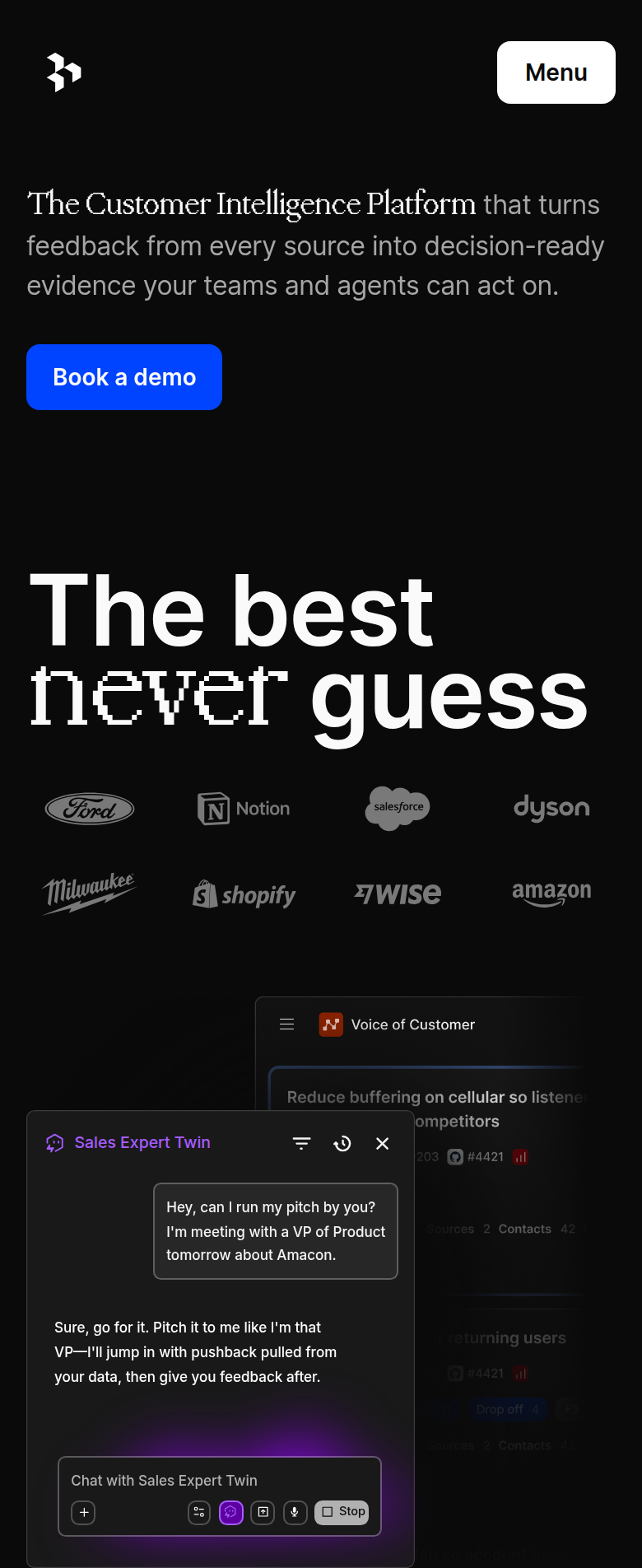 The Best Never Guess section from Dovetail, on a phone