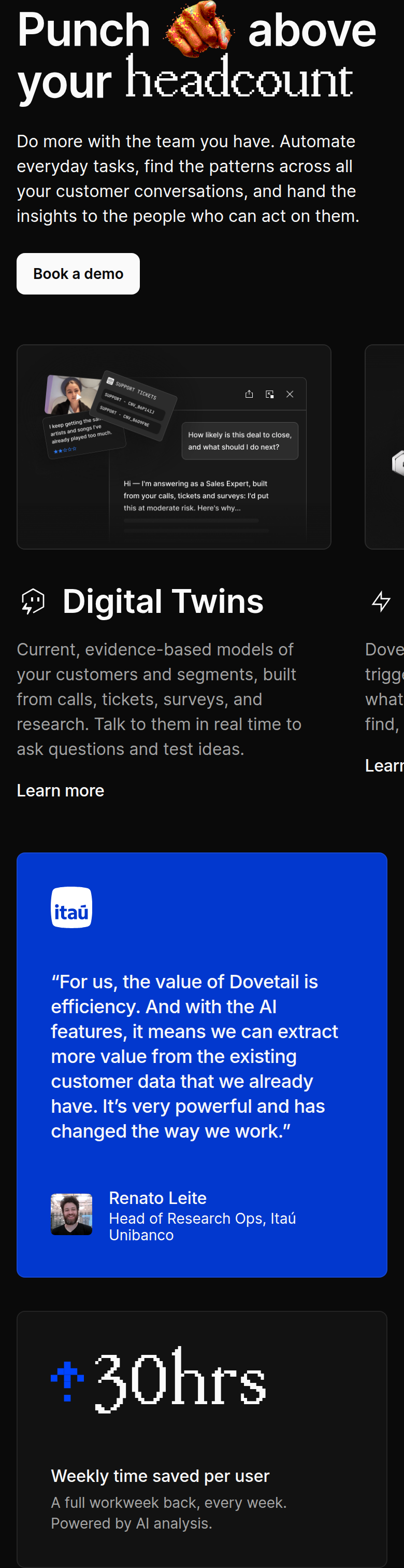 Punch Above Your Headcount section from Dovetail, on a phone