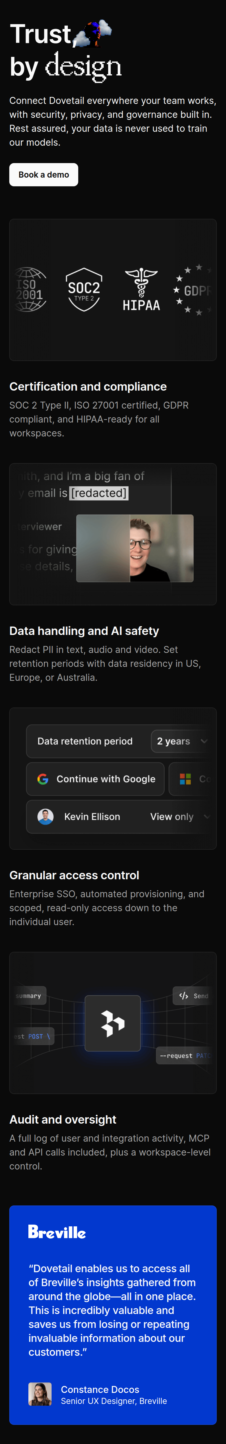 Trust, by Design section from Dovetail, on a phone