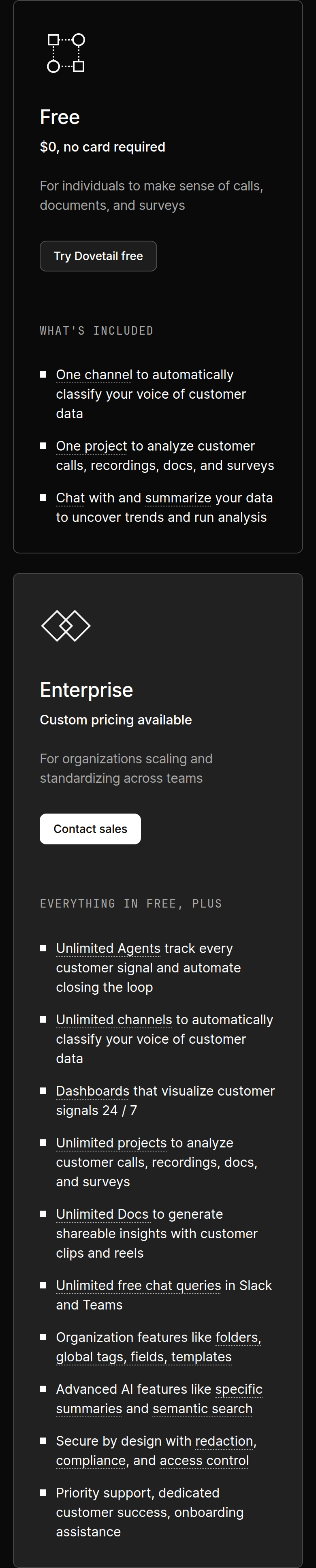 Free and Enterprise Plans section from Dovetail, on a phone